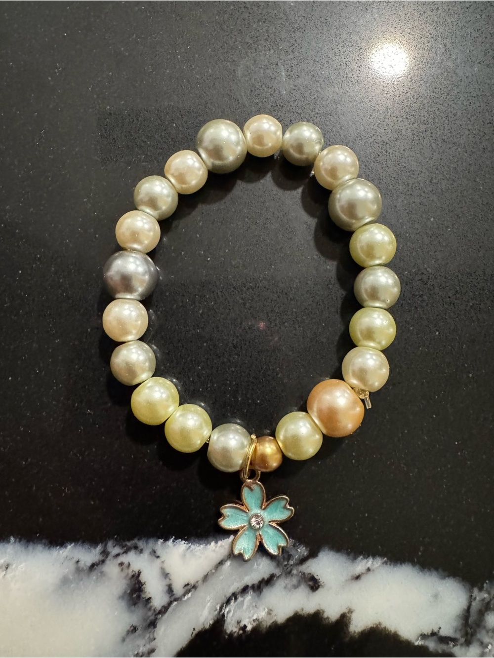 Multicolor Pearl Bead Bracelet with Turquoise Flower Charm